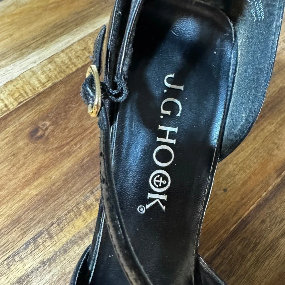 Vintage JG Hook Womens Black Leather T-Strap Pumps Square Toe Kitten Heels Sz 8M